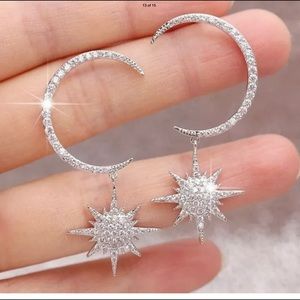Silver Crescent Moon & Star Diamond Dangle Earring